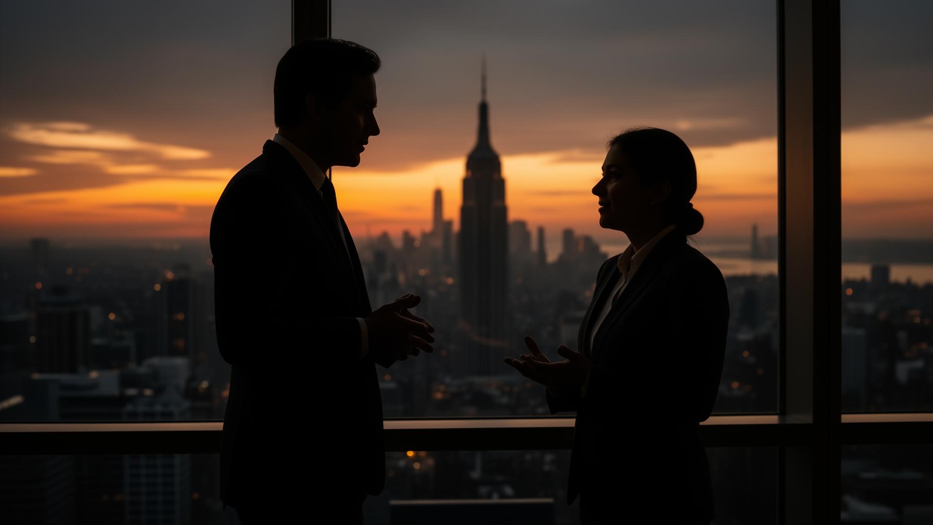 Advisor em conversa estratégica com executivo ao pôr-do-sol